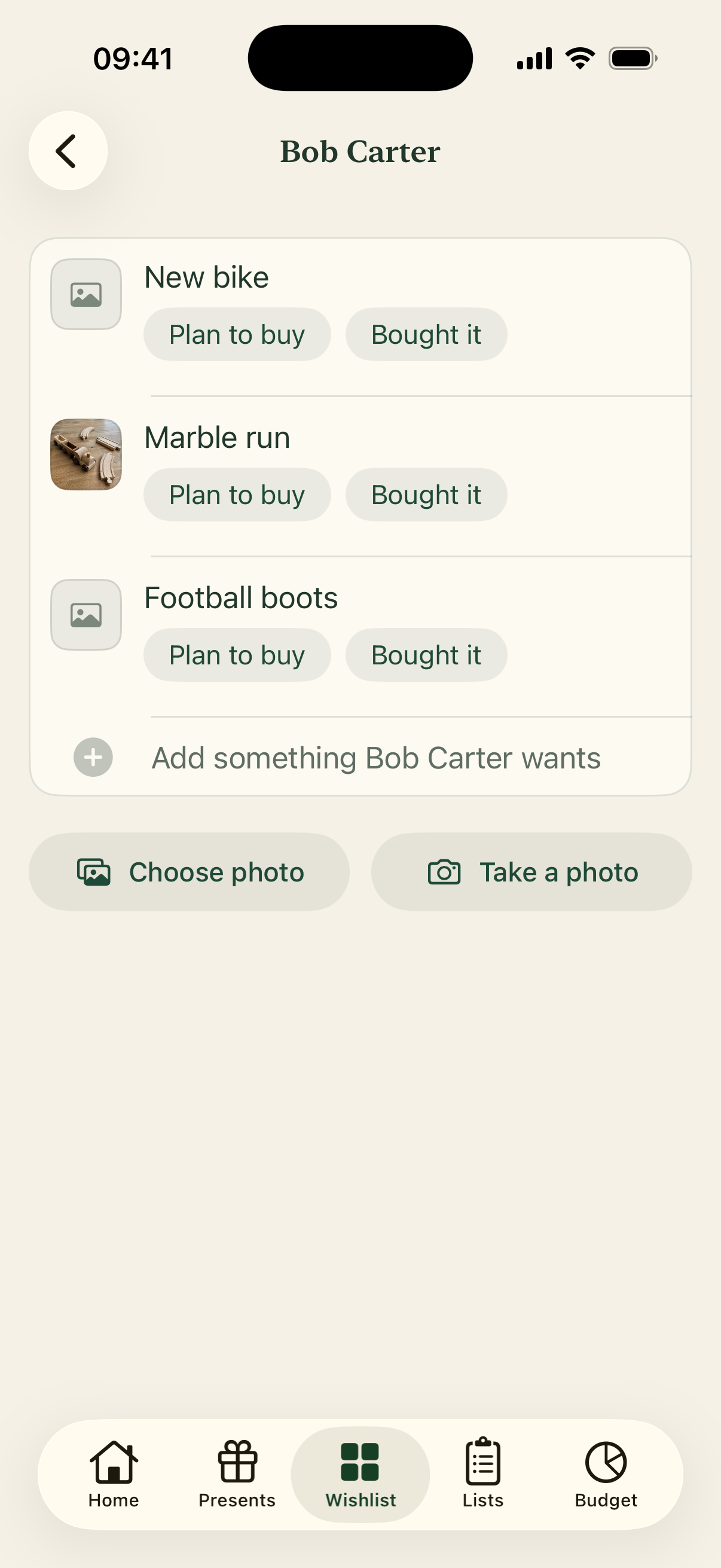 Gift ideas for Bob, including a marble run with a photo and actions to plan a purchase.