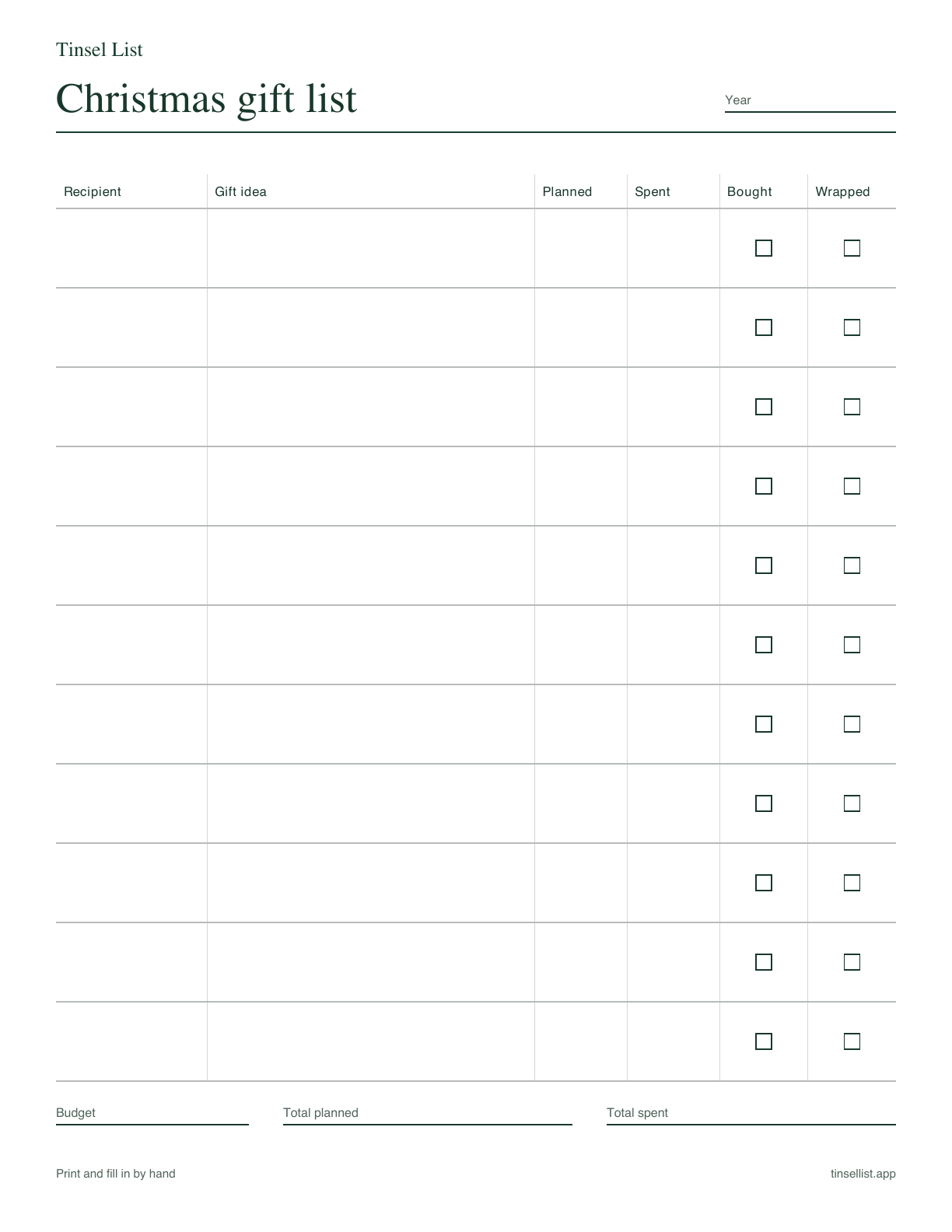 Blank Christmas gift list with recipient, gift idea, planned, spent, bought, and wrapped columns, plus eleven blank rows.